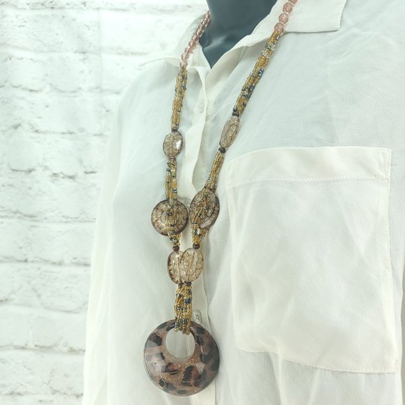 Womens Tan Multi Layer Beaded String Circle Fashion Jewelry Pendent Necklace - Picture 2 of 9